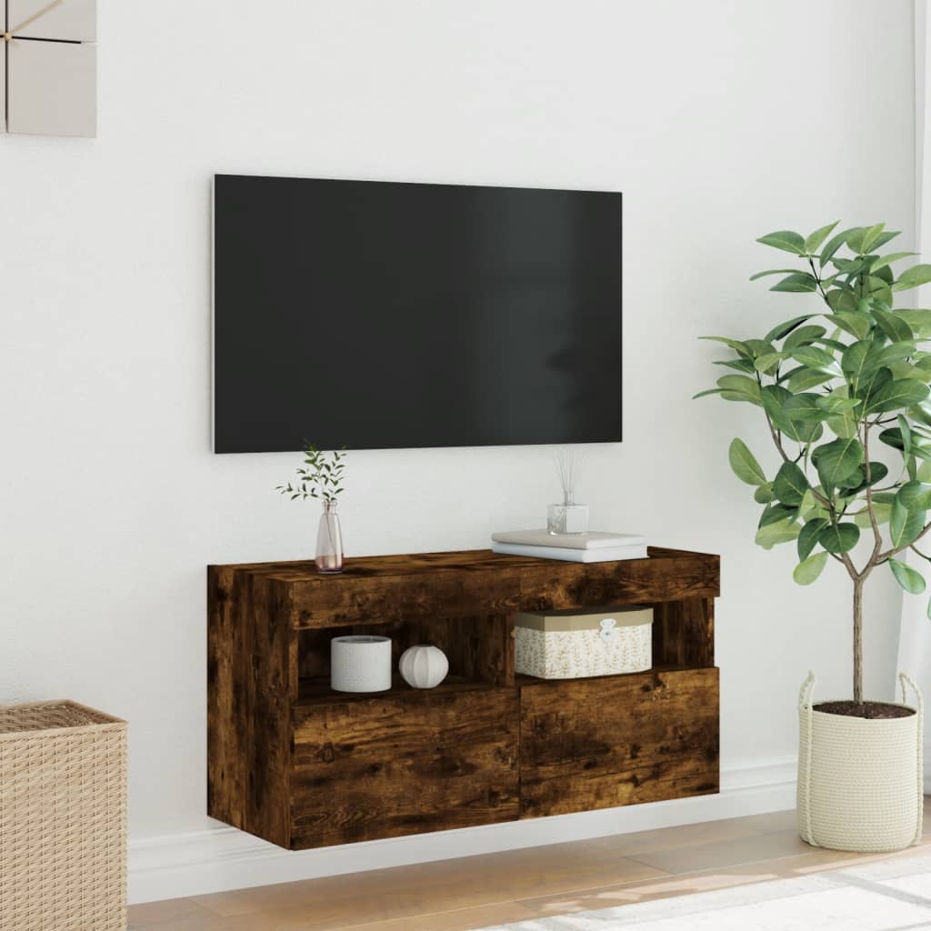 Comodă TV de perete cu lumini LED, stejar fumuriu, 80x30x40 cm - Lando