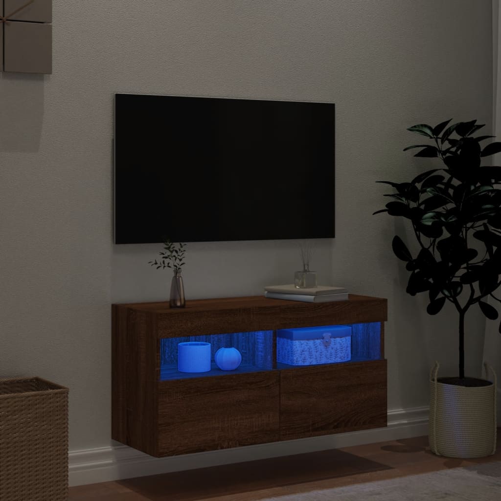Comodă TV de perete cu lumini LED, stejar maro, 80x30x40 cm - Lando