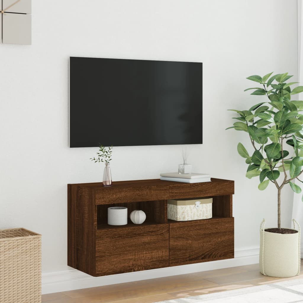 Comodă TV de perete cu lumini LED, stejar maro, 80x30x40 cm - Lando