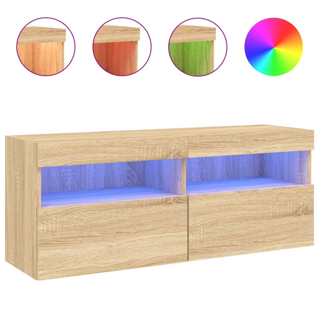 Comodă TV de perete cu lumini LED, stejar sonoma, 100x30x40 cm - Lando