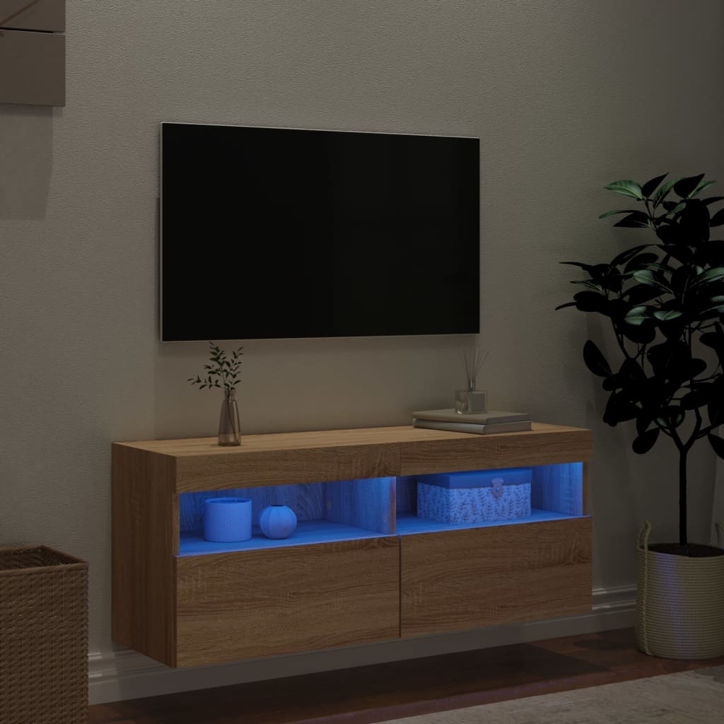 Comodă TV de perete cu lumini LED, stejar sonoma, 100x30x40 cm - Lando