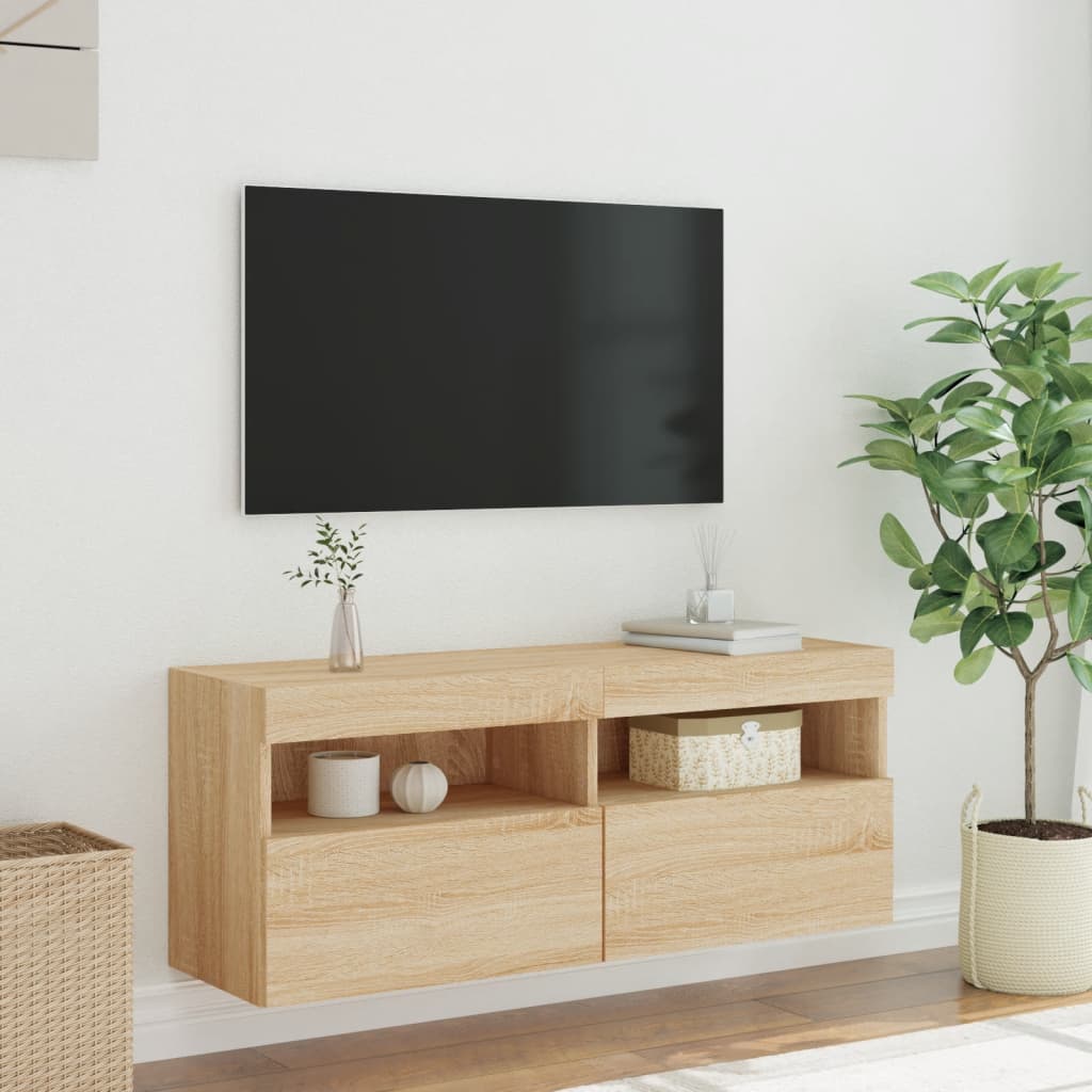 Comodă TV de perete cu lumini LED, stejar sonoma, 100x30x40 cm - Lando