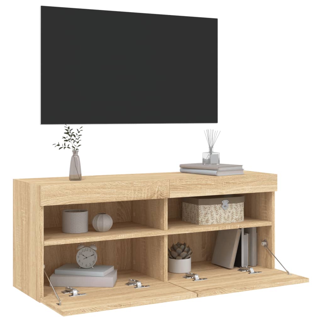 Comodă TV de perete cu lumini LED, stejar sonoma, 100x30x40 cm - Lando