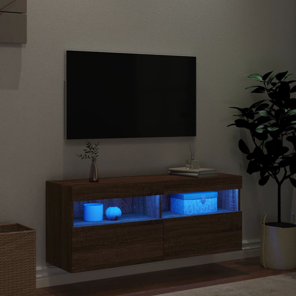 Comodă TV de perete cu lumini LED, stejar maro, 100x30x40 cm - Lando