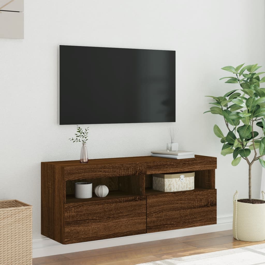 Comodă TV de perete cu lumini LED, stejar maro, 100x30x40 cm - Lando