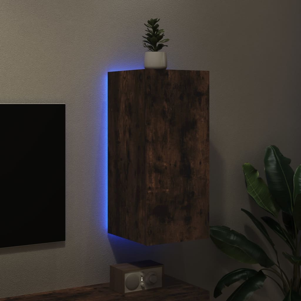 Comodă TV de perete cu lumini LED, stejar fumuriu, 30,5x35x70cm - Lando