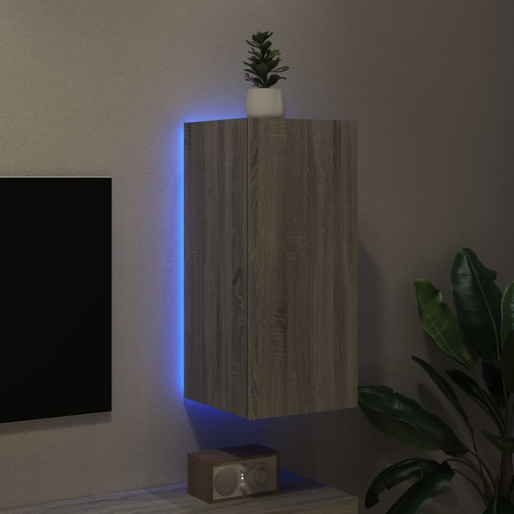 Comodă TV de perete cu lumini LED, gri sonoma, 30,5x35x70 cm - Lando