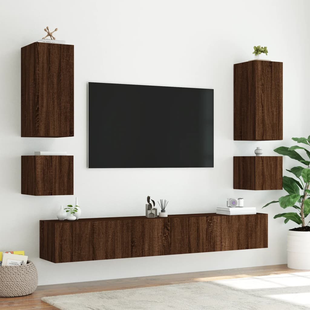 Comodă TV de perete cu lumini LED, stejar maro, 40,5x35x40 cm - Lando