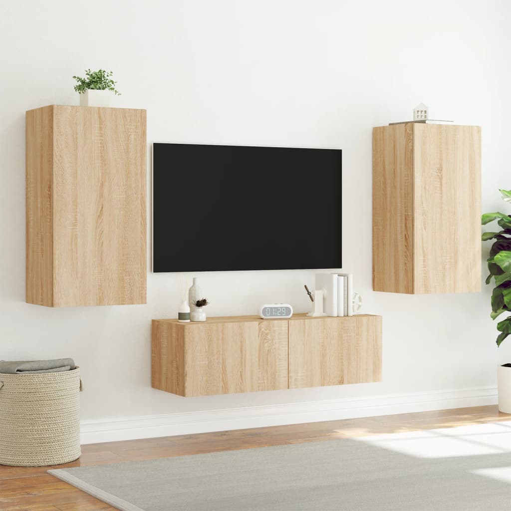 Comodă TV de perete cu lumini LED, stejar sonoma, 40,5x35x80 cm - Lando