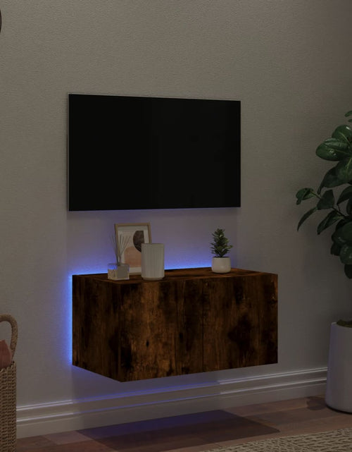 Загрузите изображение в средство просмотра галереи, Comodă TV de perete cu lumini LED, stejar fumuriu, 60x35x31 cm - Lando
