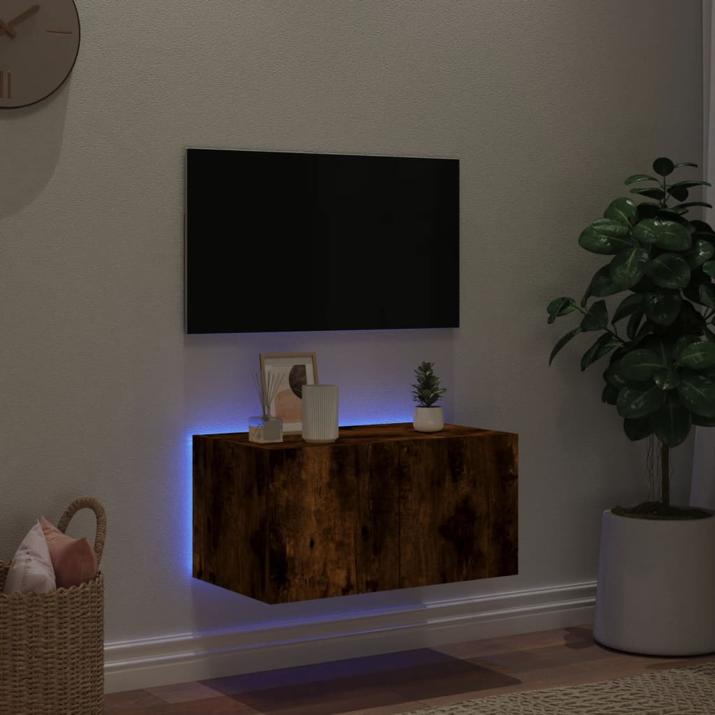 Comodă TV de perete cu lumini LED, stejar fumuriu, 60x35x31 cm - Lando