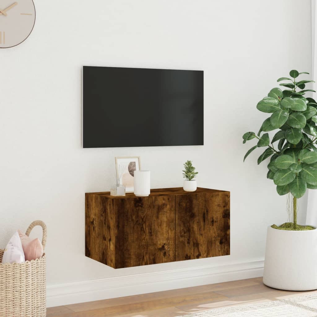 Comodă TV de perete cu lumini LED, stejar fumuriu, 60x35x31 cm - Lando