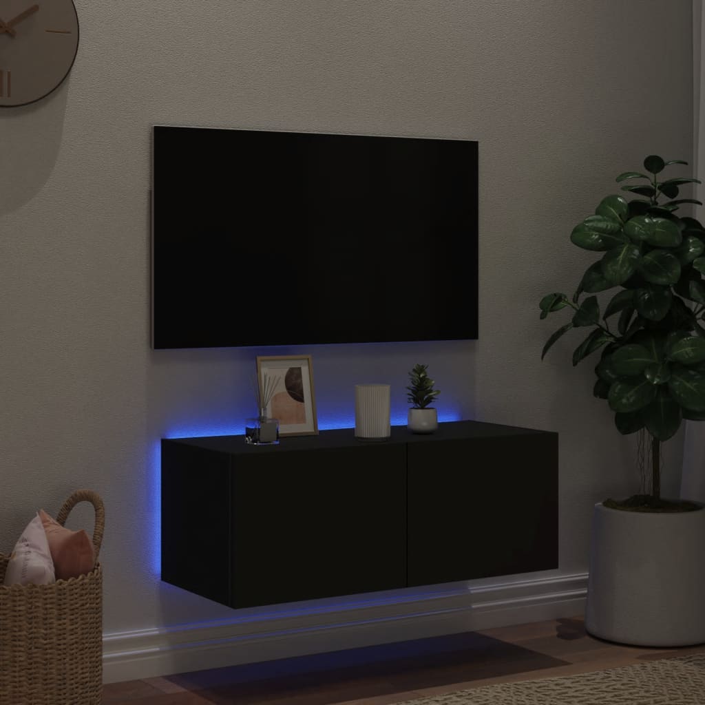 Comodă TV de perete cu lumini LED, negru, 80x35x31 cm - Lando