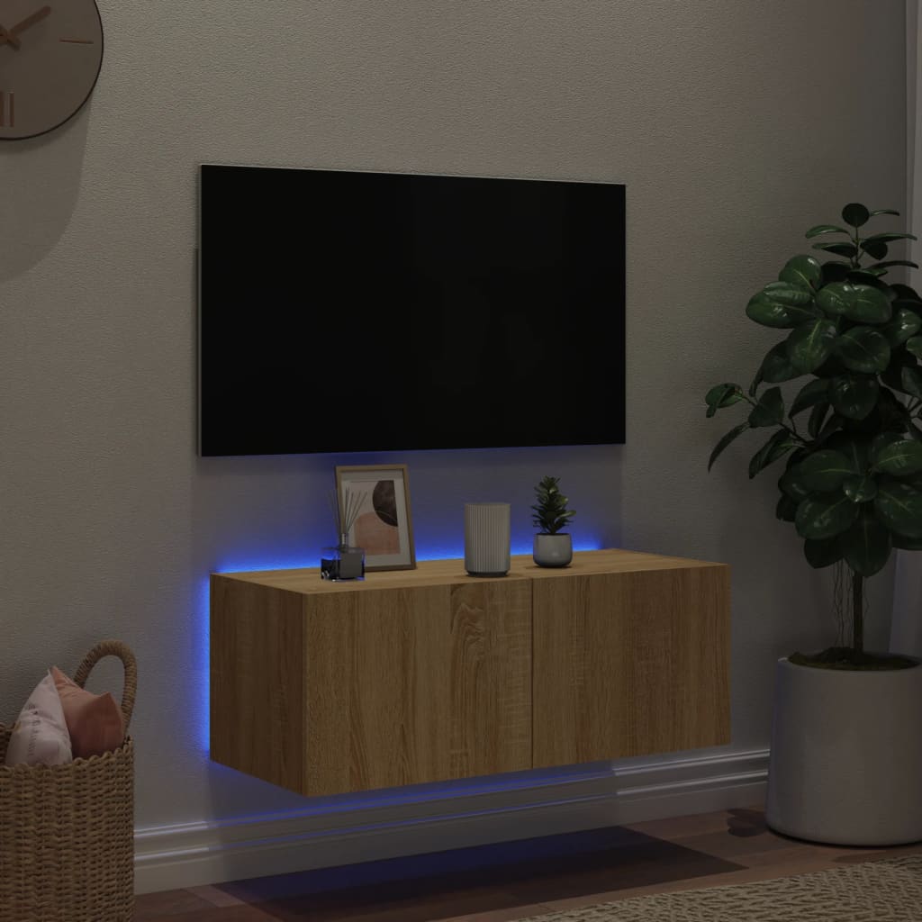 Comodă TV de perete cu lumini LED, stejar sonoma, 80x35x31 cm - Lando