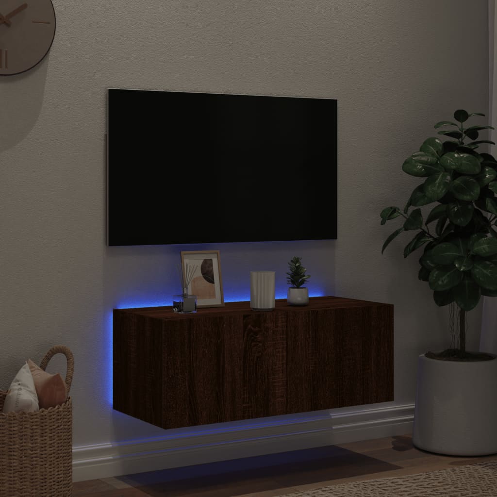 Comodă TV de perete cu lumini LED, stejar maro, 80x35x31 cm - Lando