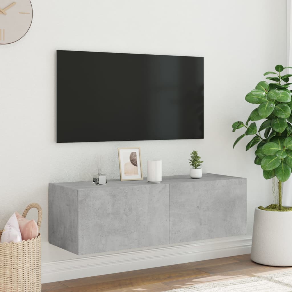 Comodă TV de perete cu lumini LED, gri beton, 100x35x31 cm - Lando