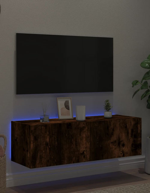 Încărcați imaginea în vizualizatorul Galerie, Comodă TV de perete cu lumini LED, stejar fumuriu, 100x35x31 cm - Lando
