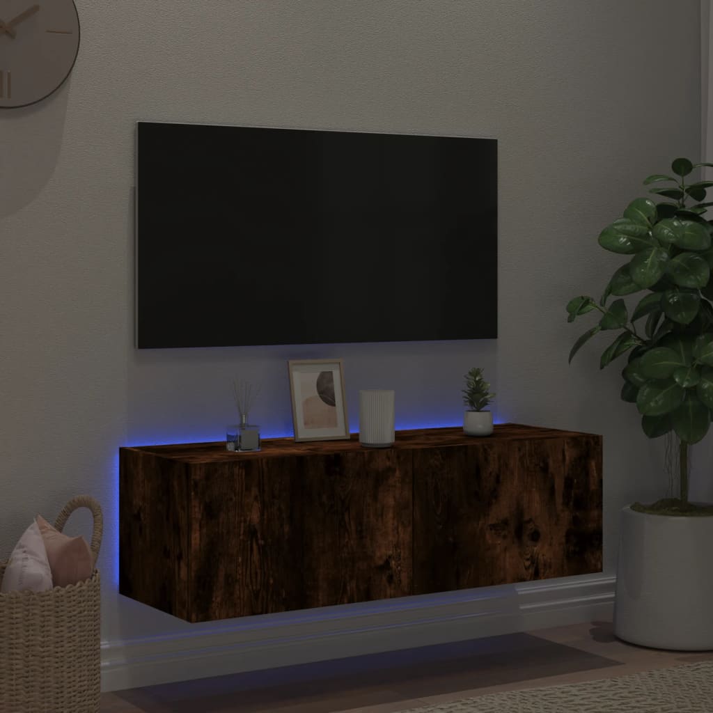 Comodă TV de perete cu lumini LED, stejar fumuriu, 100x35x31 cm - Lando