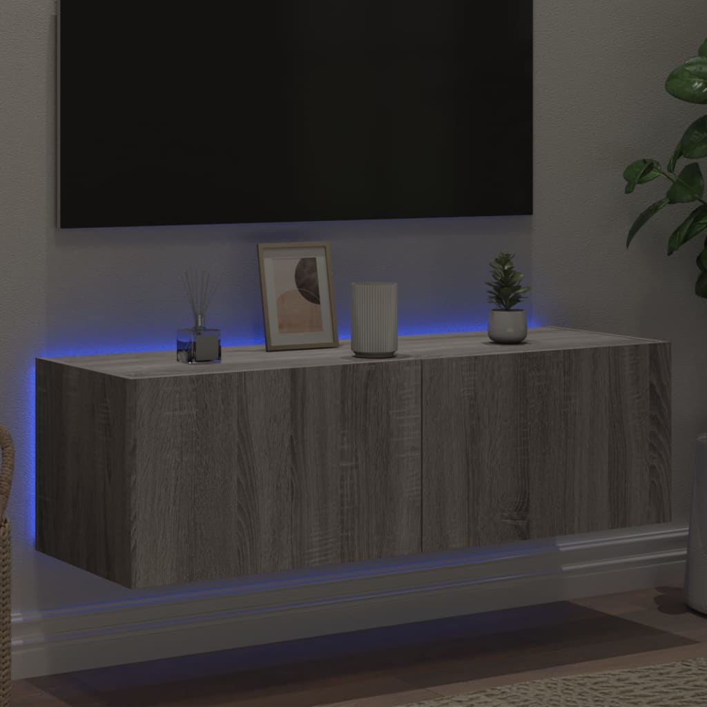 Comodă TV de perete cu lumini LED, gri sonoma, 100x35x31 cm - Lando