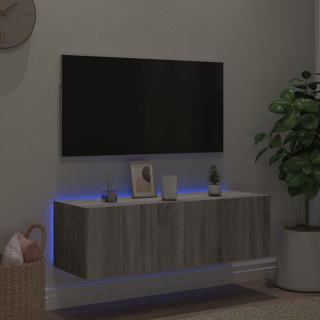 Comodă TV de perete cu lumini LED, gri sonoma, 100x35x31 cm - Lando