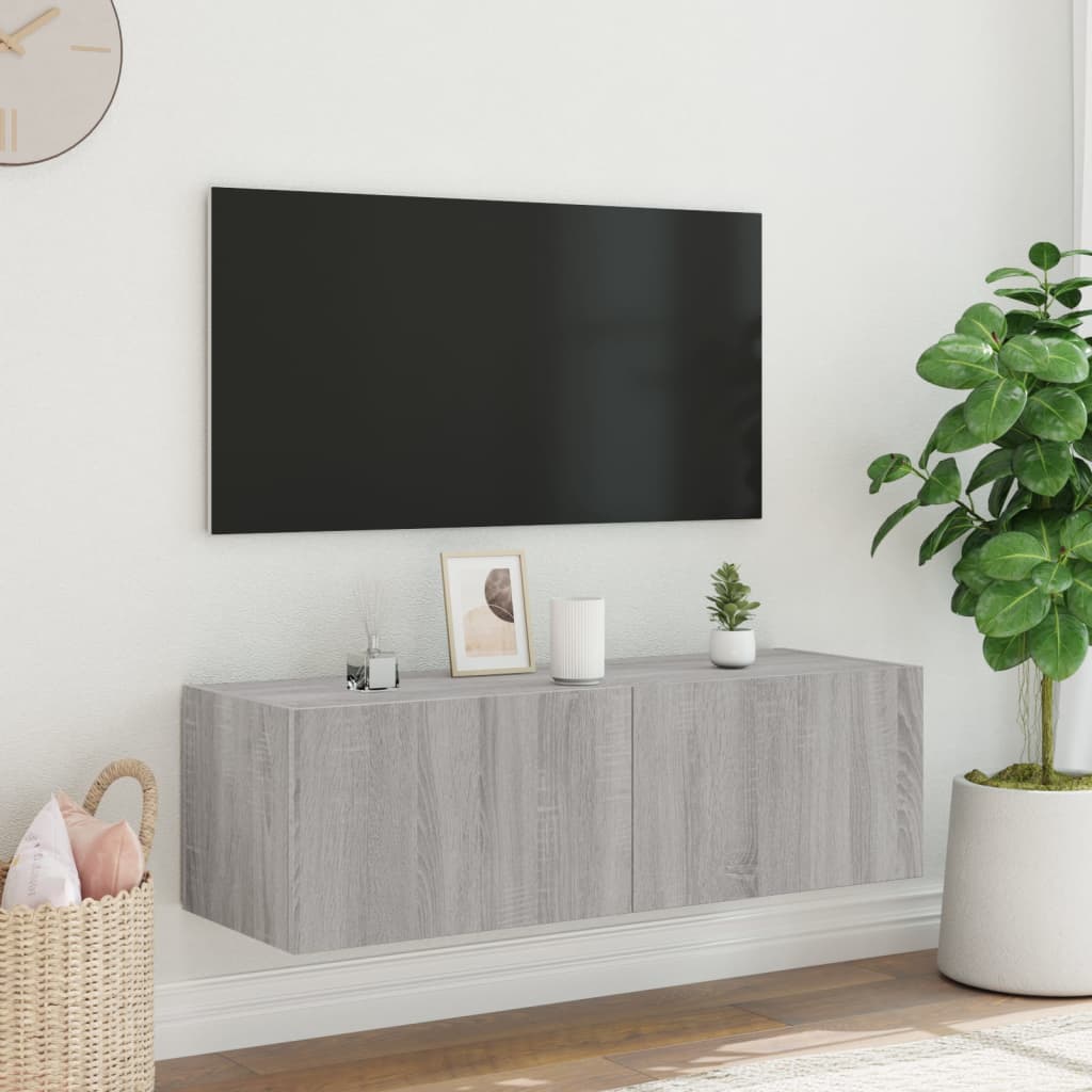Comodă TV de perete cu lumini LED, gri sonoma, 100x35x31 cm - Lando