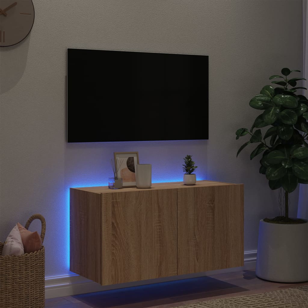 Comodă TV de perete cu lumini LED, stejar sonoma, 80x35x41 cm - Lando