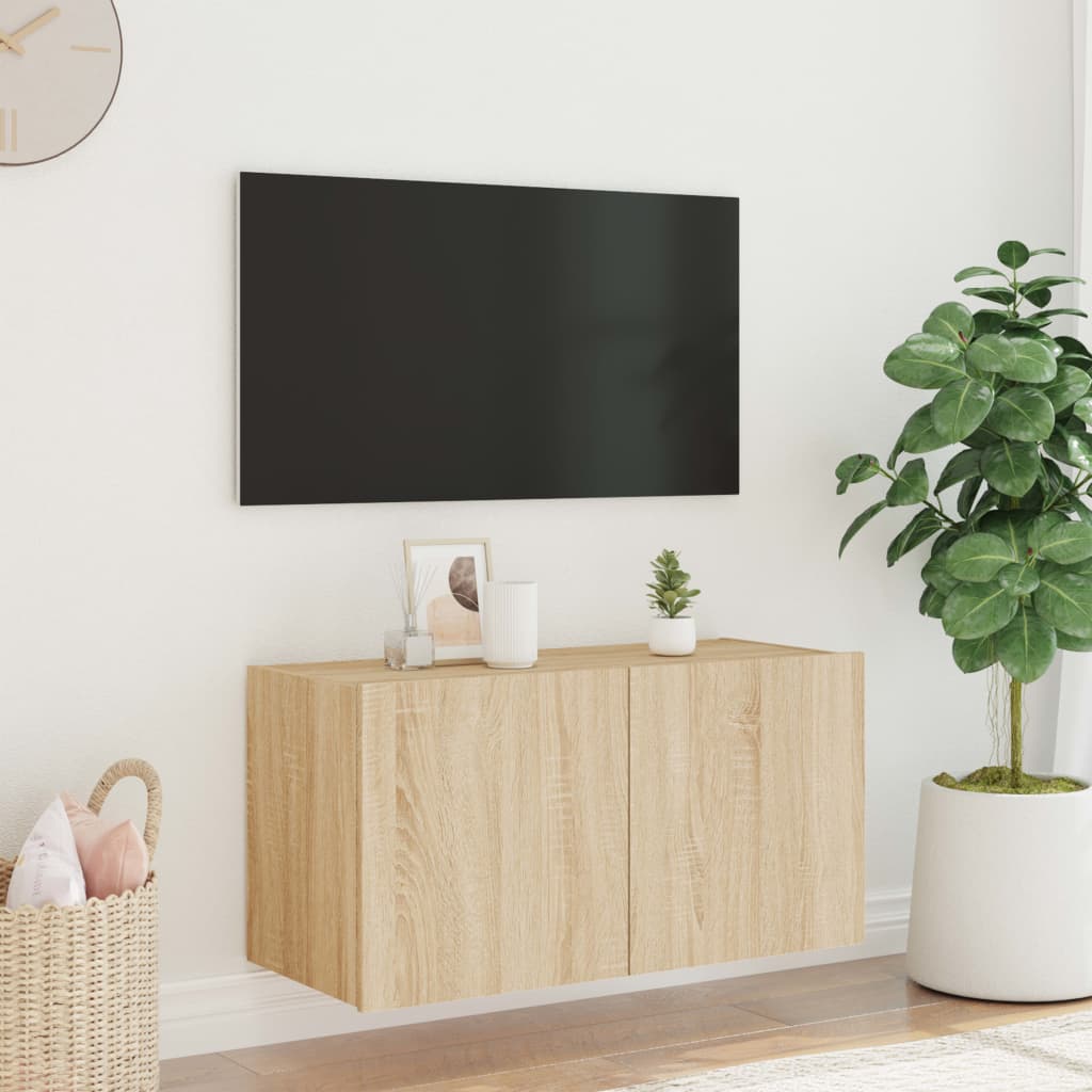 Comodă TV de perete cu lumini LED, stejar sonoma, 80x35x41 cm - Lando