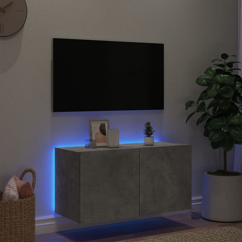 Comodă TV de perete cu lumini LED, gri beton, 80x35x41 cm - Lando