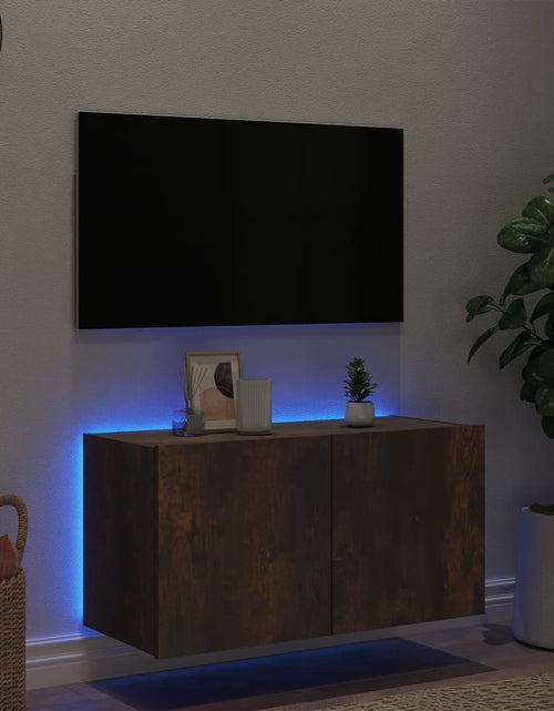 Încărcați imaginea în vizualizatorul Galerie, Comodă TV de perete cu lumini LED, stejar fumuriu, 80x35x41 cm - Lando
