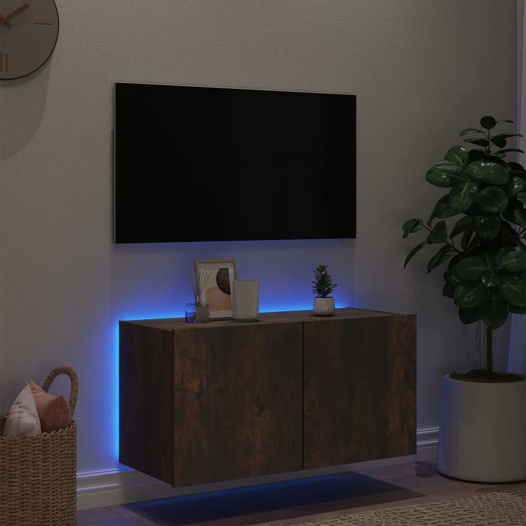 Comodă TV de perete cu lumini LED, stejar fumuriu, 80x35x41 cm - Lando