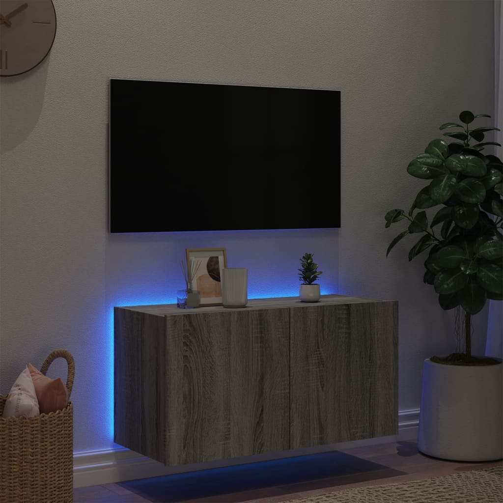 Comodă TV de perete cu lumini LED, gri sonoma, 80x35x41 cm - Lando