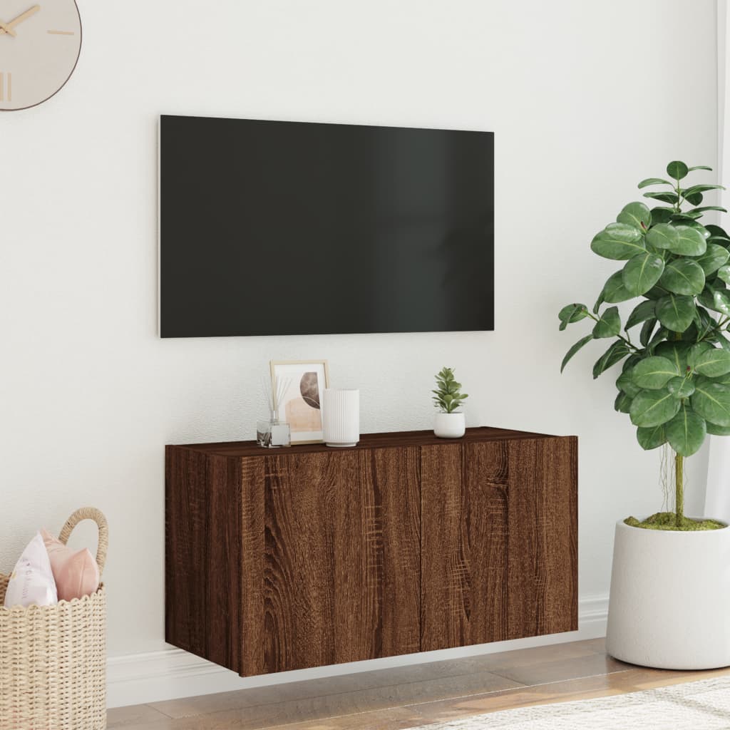 Comodă TV de perete cu lumini LED, stejar maro, 80x35x41 cm - Lando