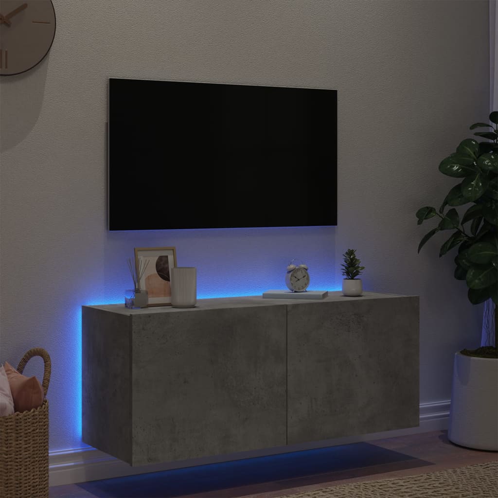 Comodă TV de perete cu lumini LED, gri beton, 100x35x41 cm - Lando