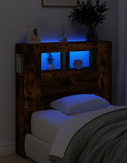 Încărcați imaginea în vizualizatorul Galerie, Tăblie de pat cu LED, stejar fumuriu, 100x18,5x103,5 cm, lemn - Lando

