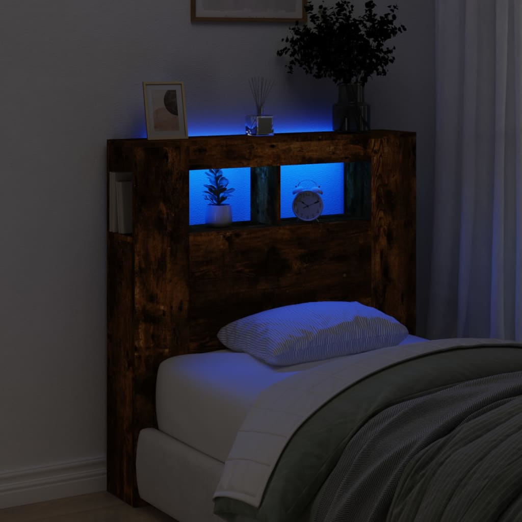 Tăblie de pat cu LED, stejar fumuriu, 100x18,5x103,5 cm, lemn - Lando