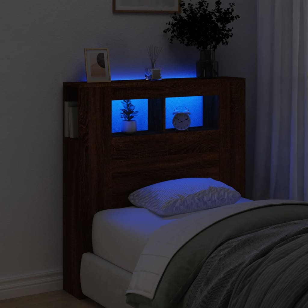 Tăblie de pat cu LED, stejar maro, 100x18,5x103,5 cm, lemn - Lando
