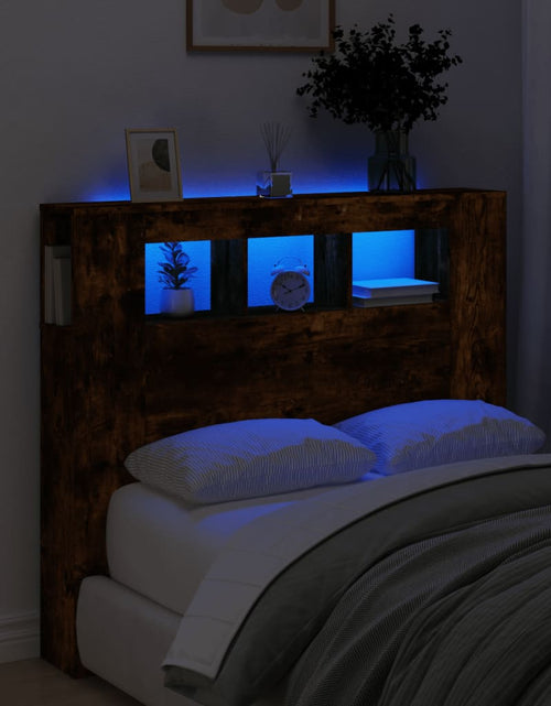 Încărcați imaginea în vizualizatorul Galerie, Tăblie de pat cu LED, stejar fumuriu, 120x18,5x103,5 cm, lemn - Lando

