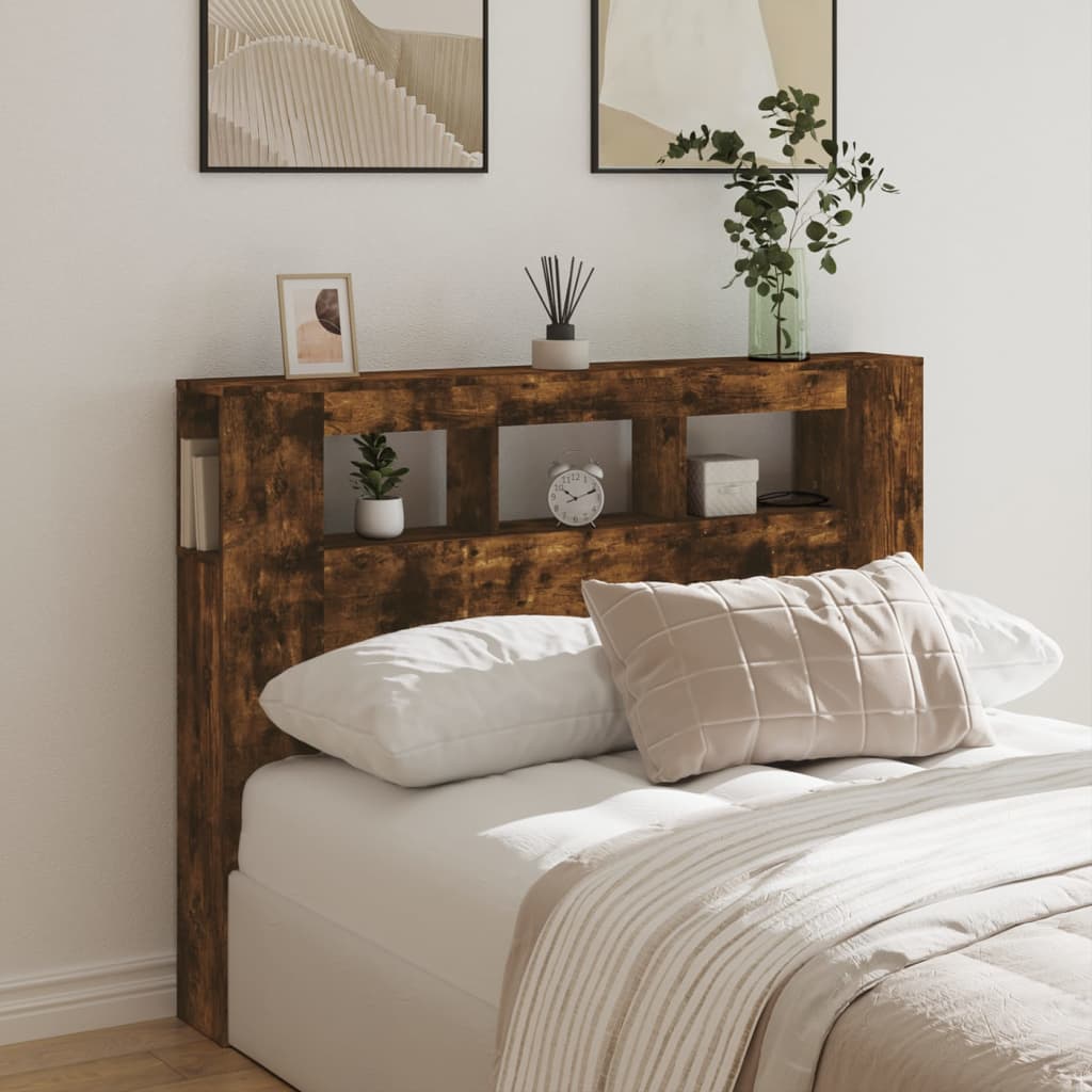 Tăblie de pat cu LED, stejar fumuriu, 140x18,5x103,5 cm, lemn - Lando