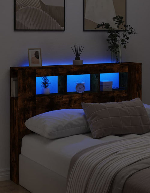 Загрузите изображение в средство просмотра галереи, Tăblie de pat cu LED, stejar fumuriu, 140x18,5x103,5 cm, lemn - Lando
