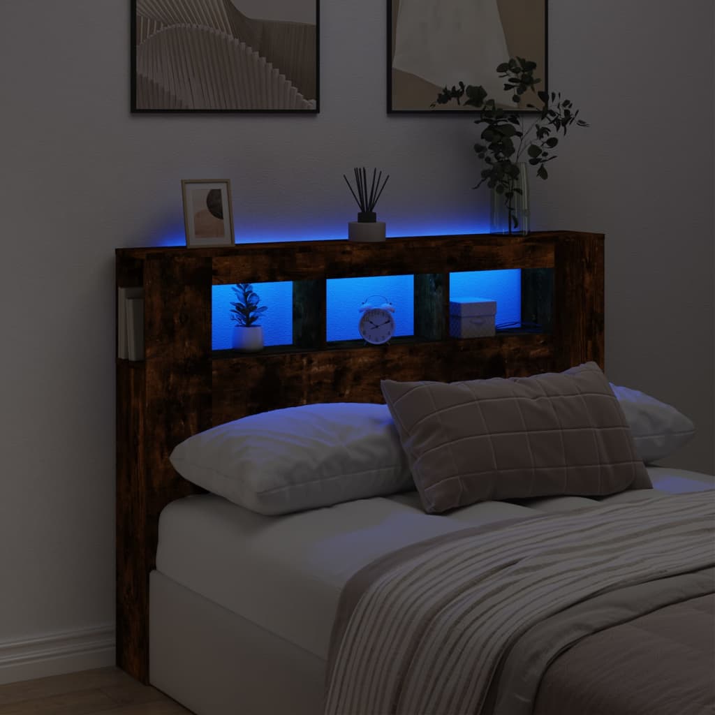 Tăblie de pat cu LED, stejar fumuriu, 140x18,5x103,5 cm, lemn - Lando