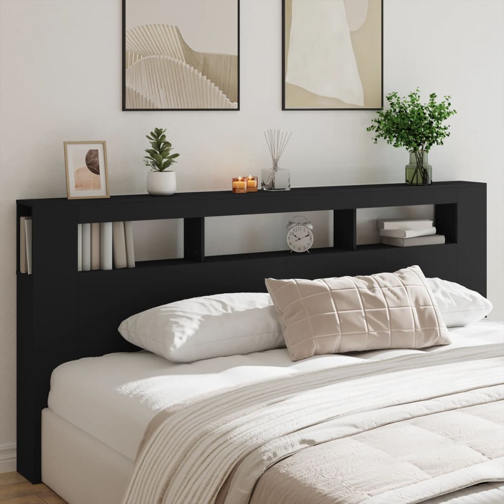 Tăblie de pat cu LED, negru, 220x18,5x103,5 cm, lemn - Lando
