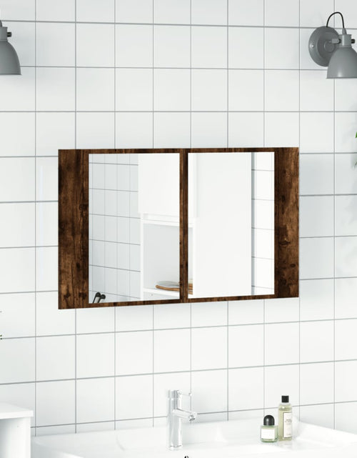 Încărcați imaginea în vizualizatorul Galerie, Dulap de baie cu oglindă și LED, stejar fumuriu, 80x12x45 acril - Lando
