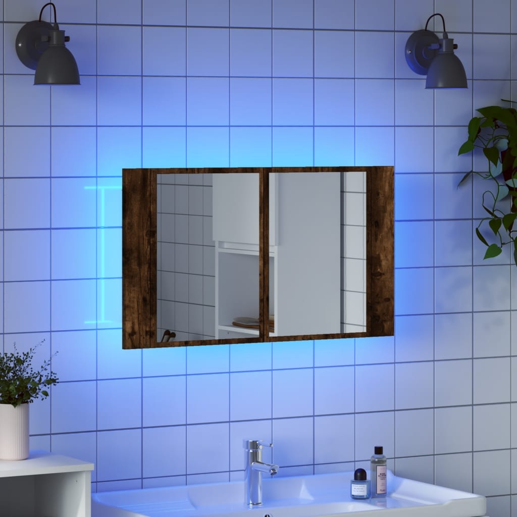 Dulap de baie cu oglindă și LED, stejar fumuriu, 80x12x45 acril - Lando