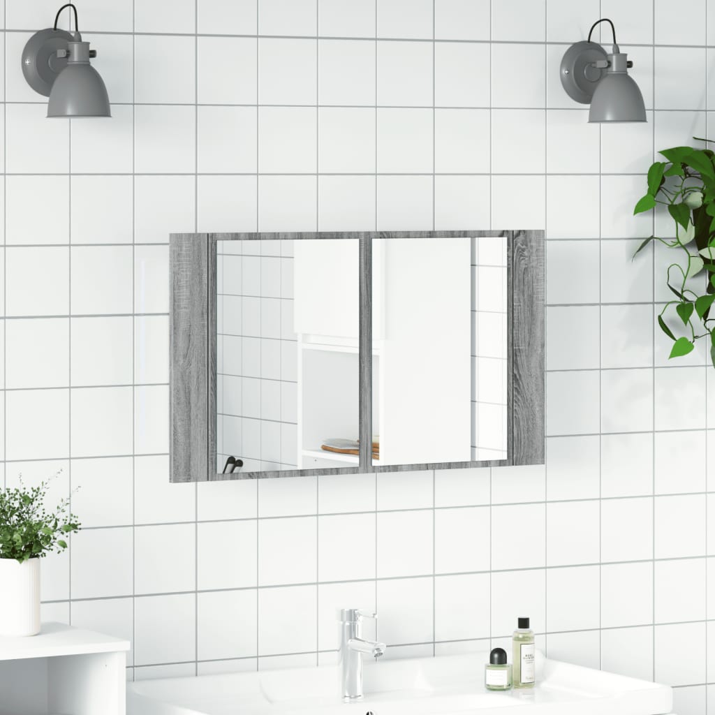Dulap de baie cu oglindă și LED, gri sonoma, 80x12x45 cm, acril - Lando