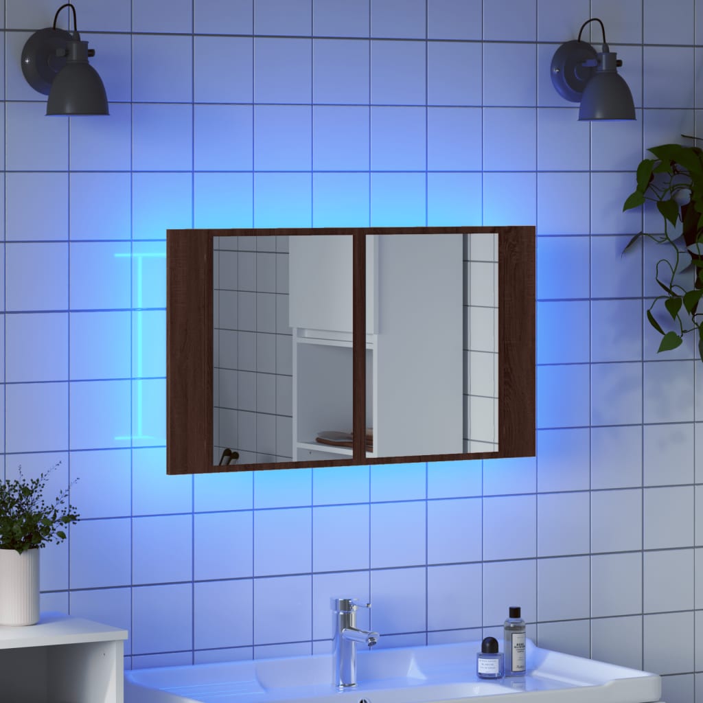 Dulap de baie cu oglindă și LED stejar maro, 80x12x45 cm, acril - Lando