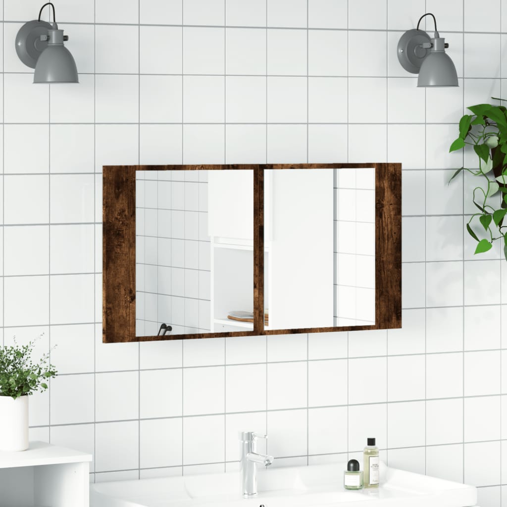 Dulap de baie cu oglindă și LED, stejar fumuriu, 90x12x45 acril - Lando