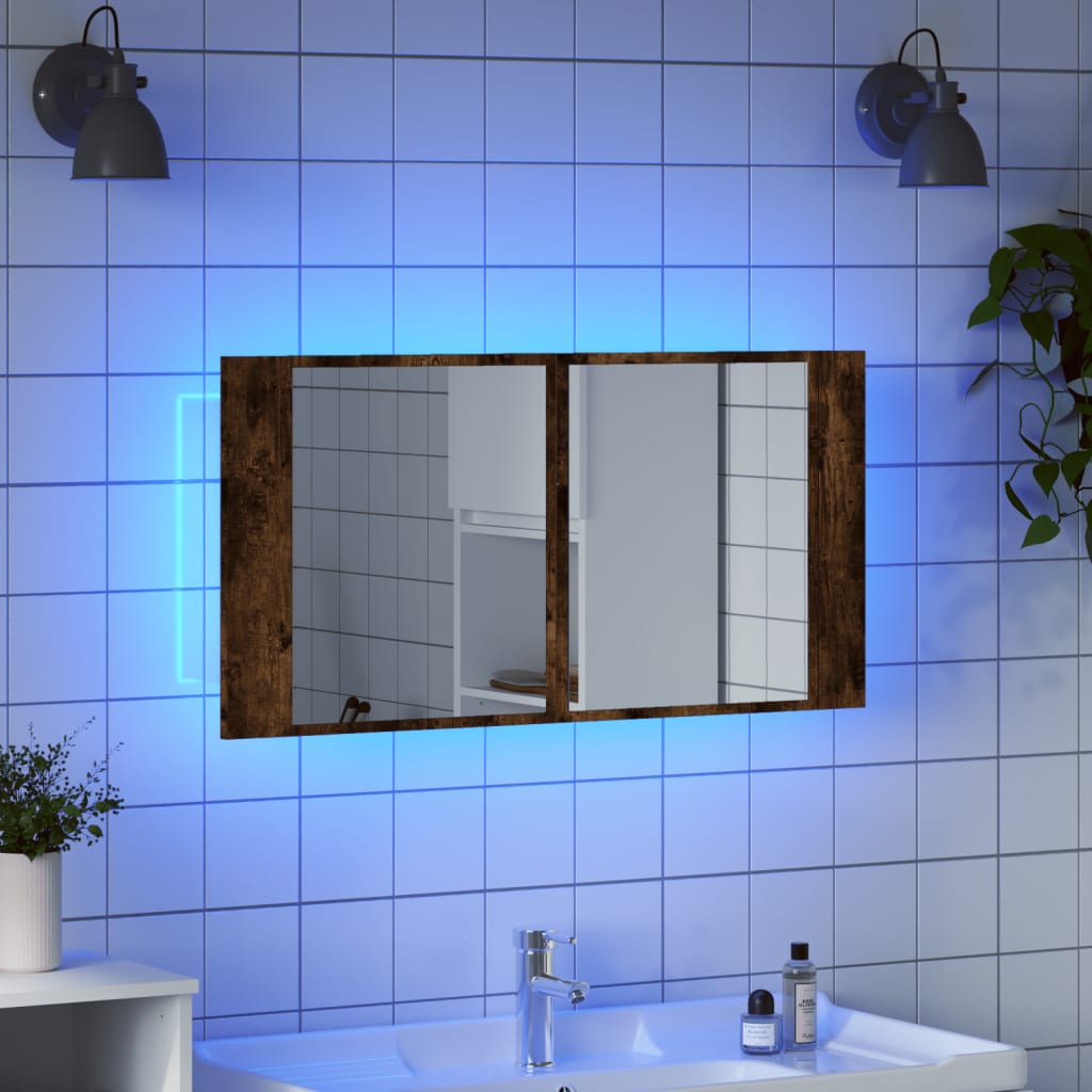 Dulap de baie cu oglindă și LED, stejar fumuriu, 90x12x45 acril - Lando