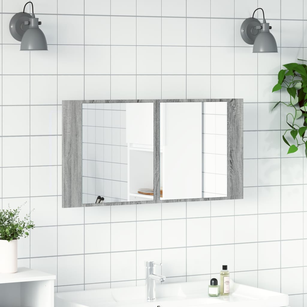 Dulap de baie cu oglindă și LED gri sonoma, 90x12x45 cm, acril - Lando