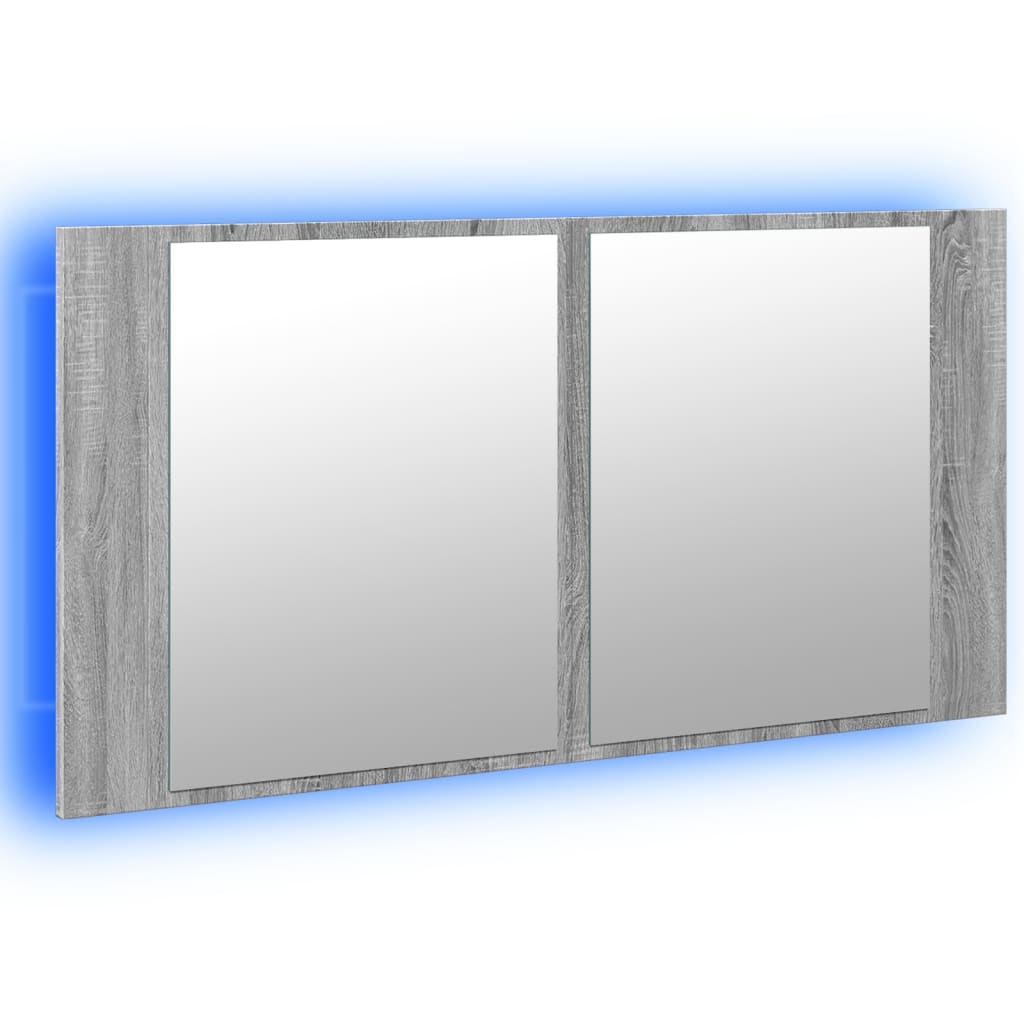 Dulap de baie cu oglindă și LED gri sonoma, 90x12x45 cm, acril - Lando