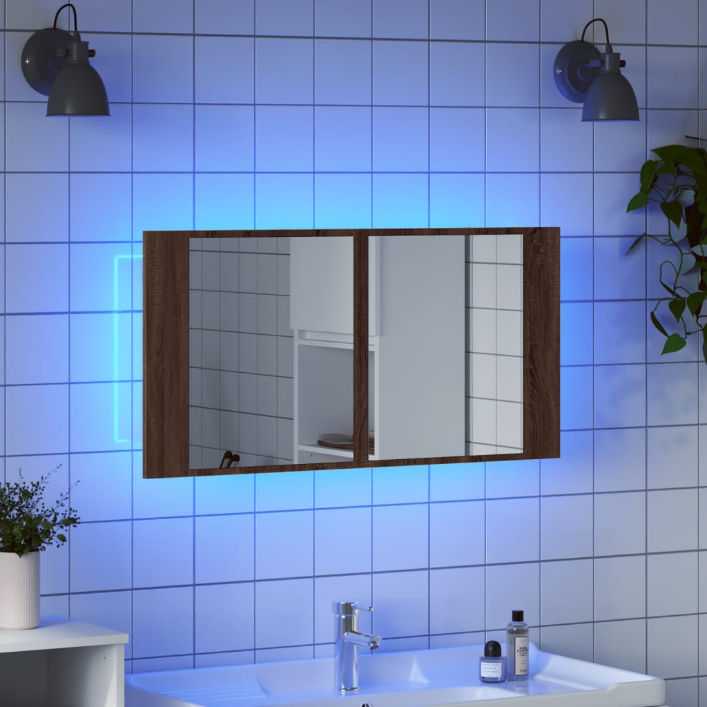 Dulap de baie cu oglindă și LED stejar maro, 90x12x45 cm, acril - Lando